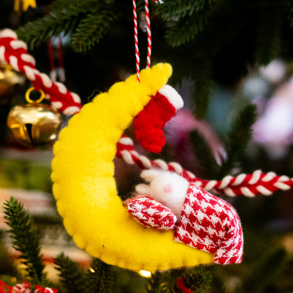 Felt Mouse Under Crescent Moon Ornament