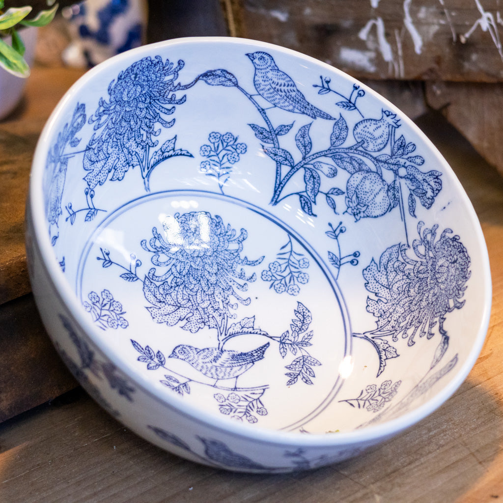 Stoneware Hand-Stamped Birds and Botanicals Bowl