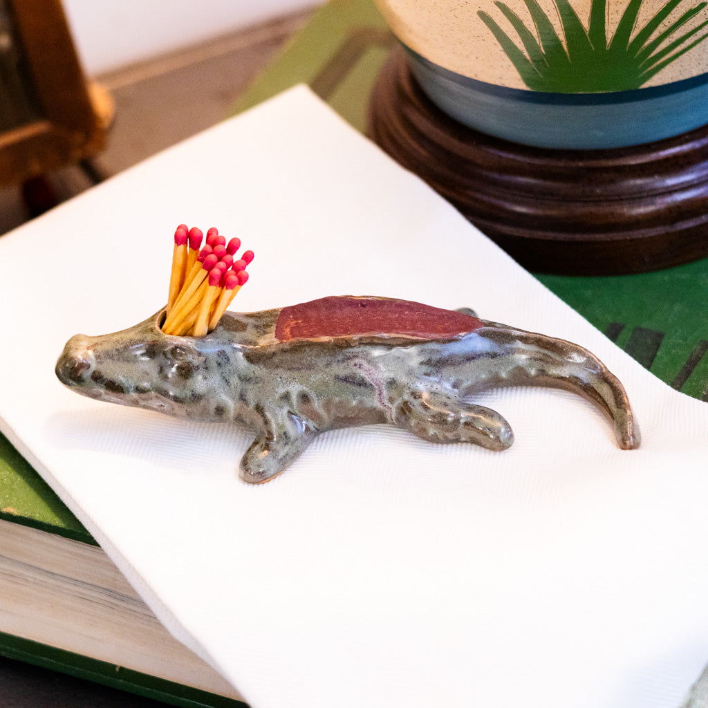 Stoneware Alligator Matchstick Holder with Striker