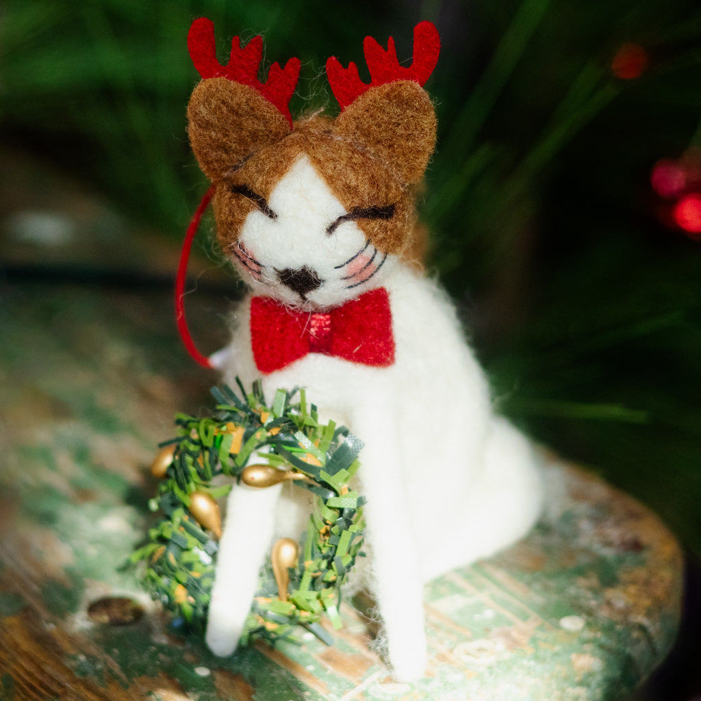Felt White Cat with Red Antlers, Bowtie and Green Wreath