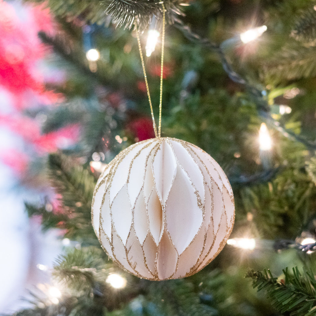 Box of Four White with Gold Glitter Round Ornaments