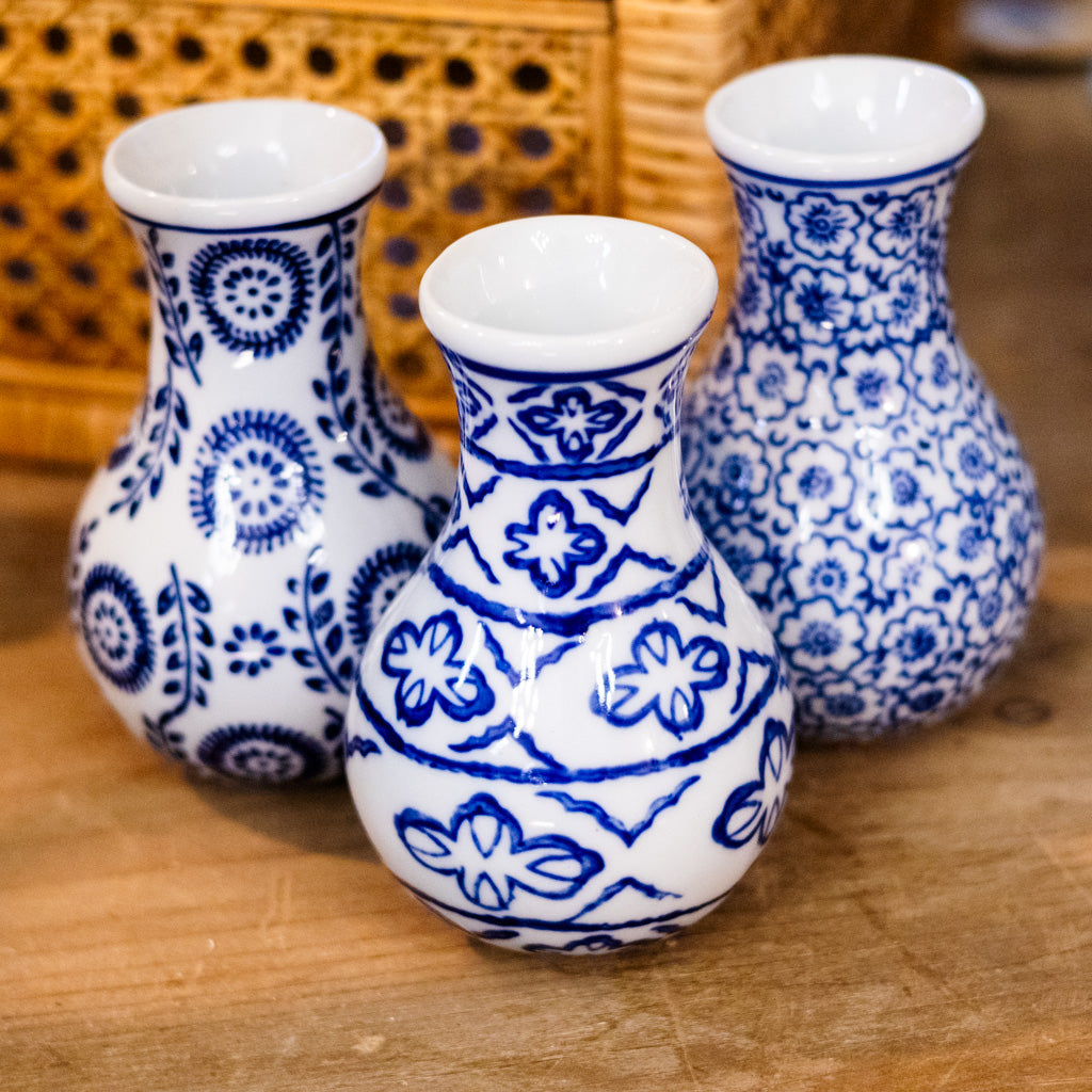 Blue White Lines Stoneware Vase