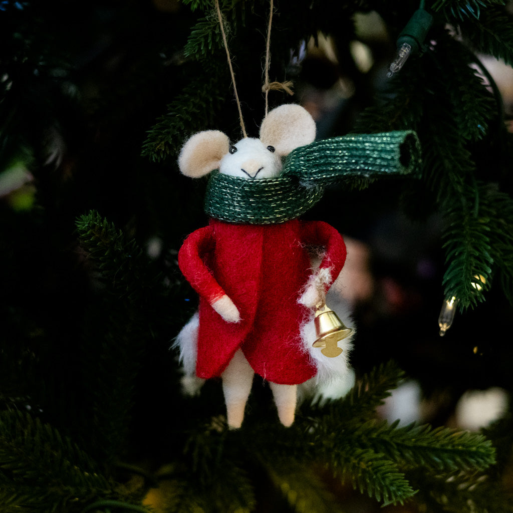 Felt Mouse in Red Outfit with Green Scarf and Bell Ornament
