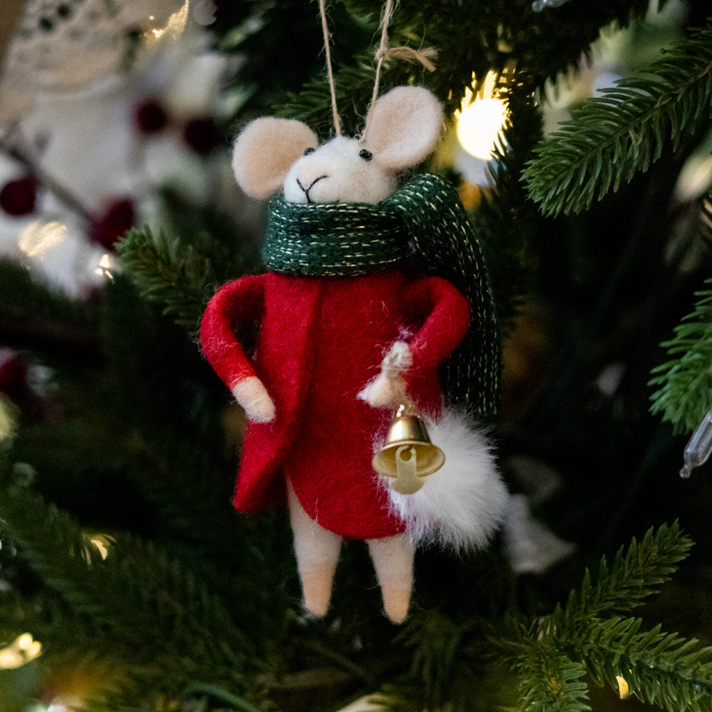 Felt Mouse in Red Outfit with Green Scarf and Bell Ornament