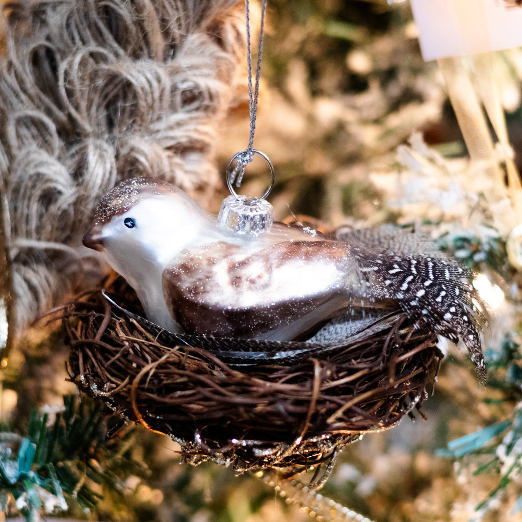 Mercury Glass Bird with Feather Ornament