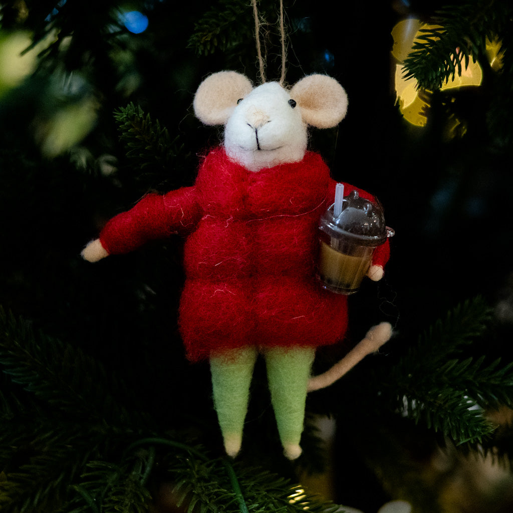 Felt Mouse with Iced Coffee Mug Ornament