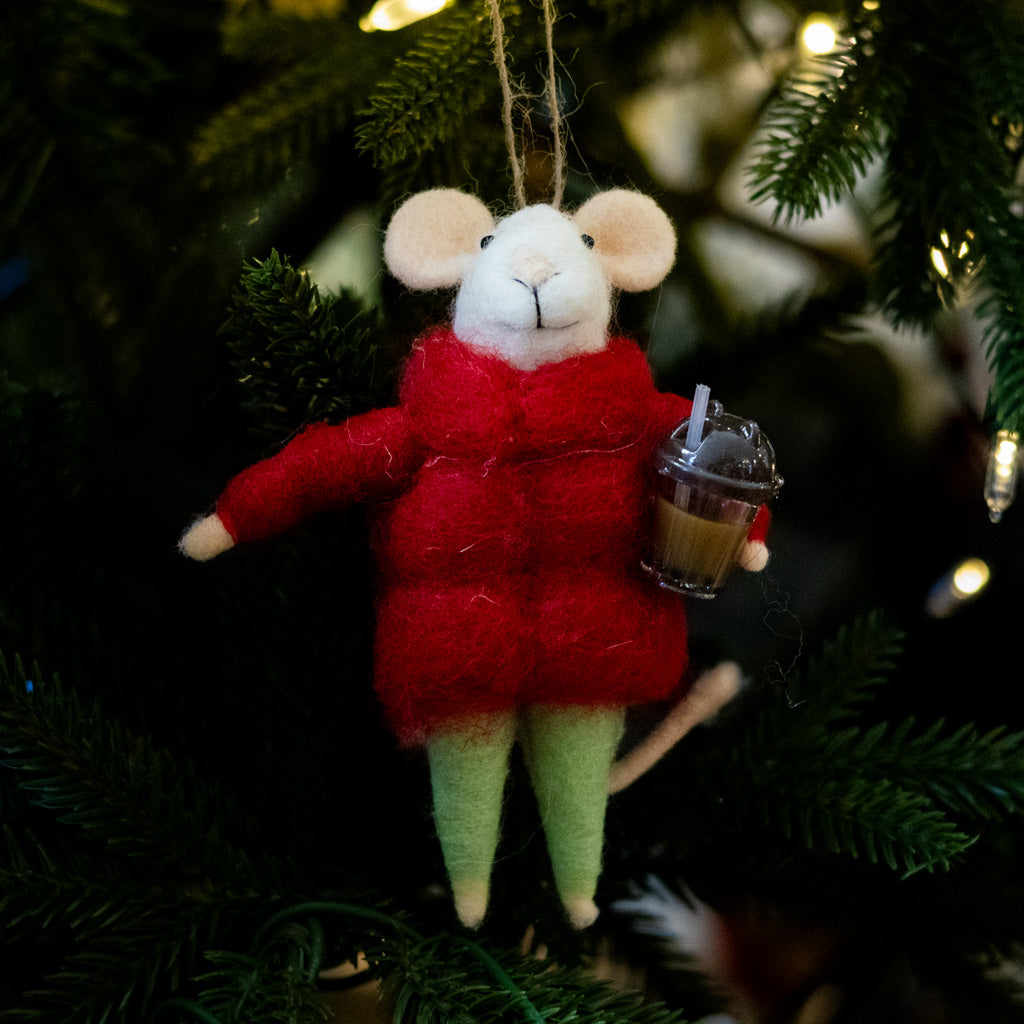 Felt Mouse with Iced Coffee Mug Ornament