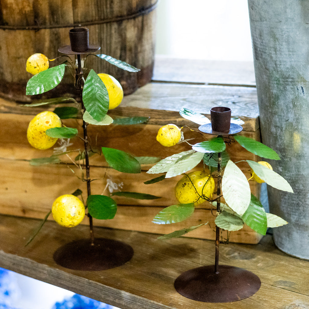 Short Metal Taper Holder with Lemons and Leaves