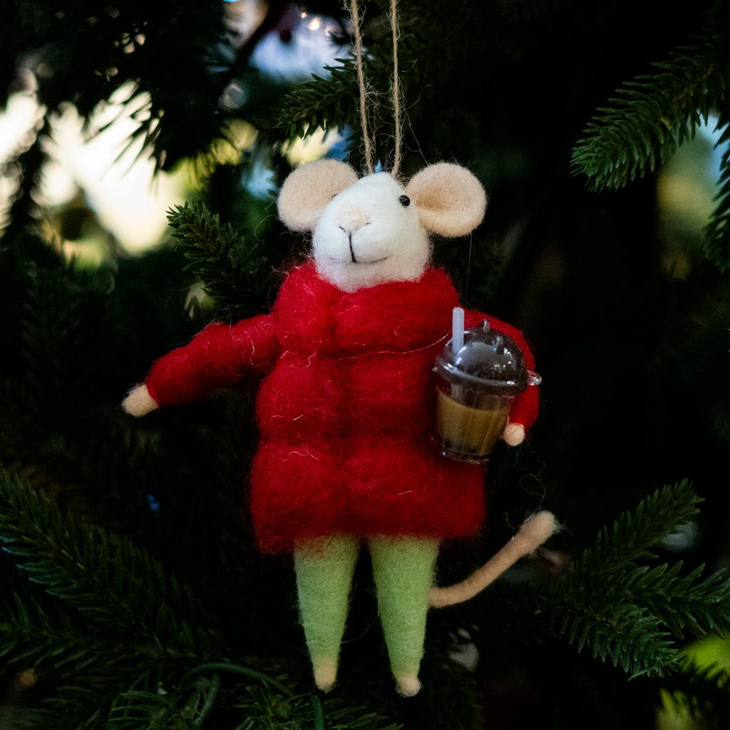 Felt Mouse with Iced Coffee Mug Ornament