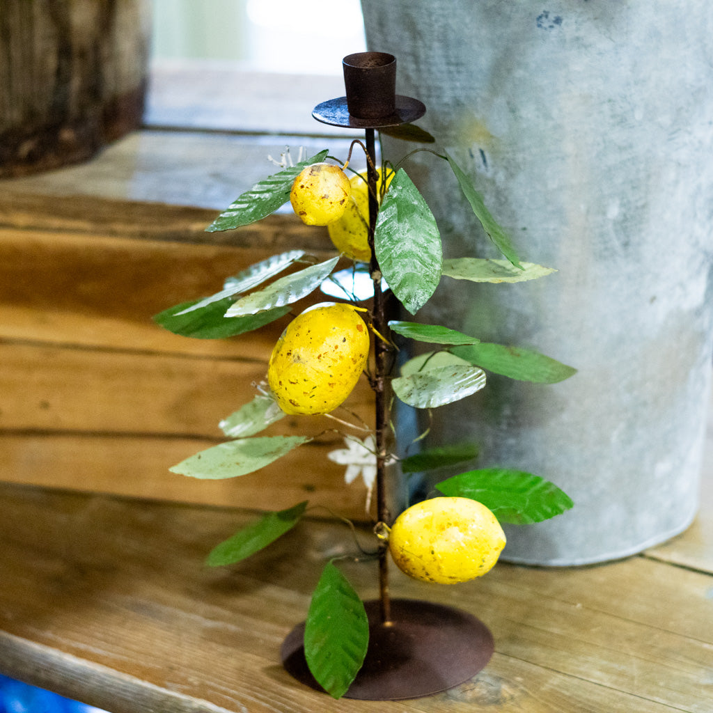 Tall Metal Taper Holder with Lemon and Leaves