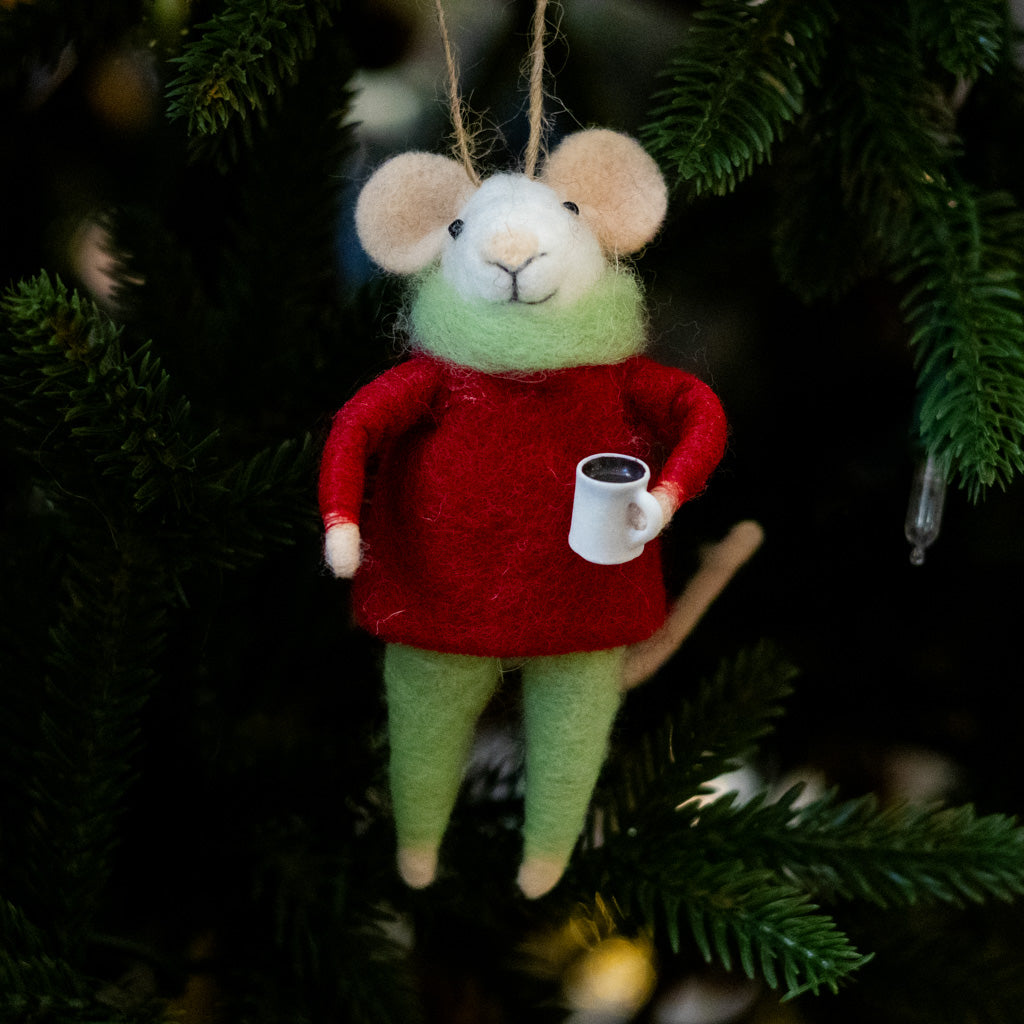 Felt Mouse with White Coffee Mug Ornament