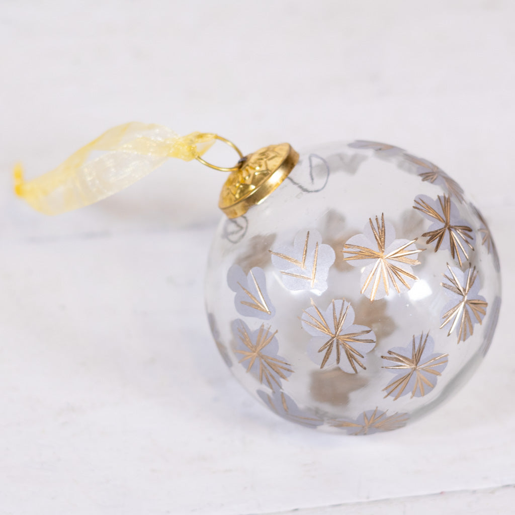 Clear Glass Gold Etched Ball with Flowers Ornament