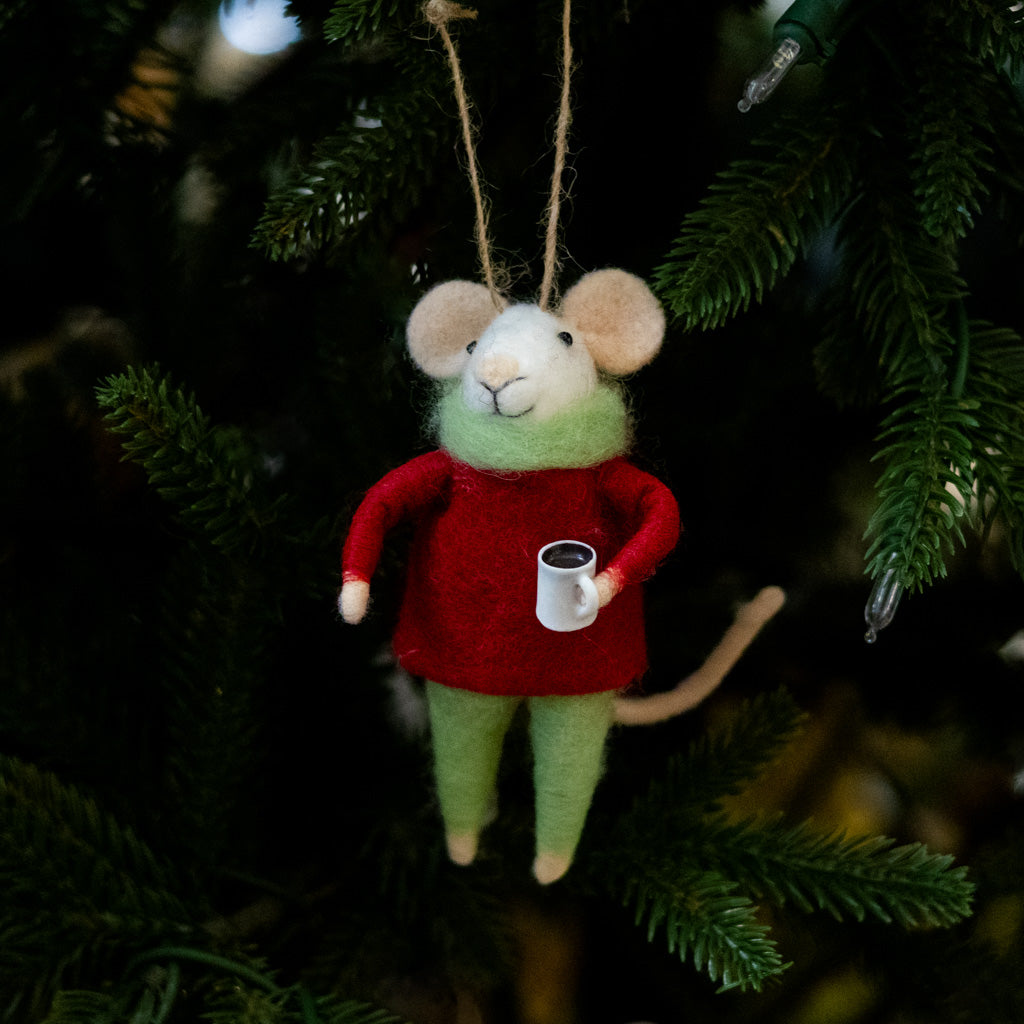 Felt Mouse with White Coffee Mug Ornament
