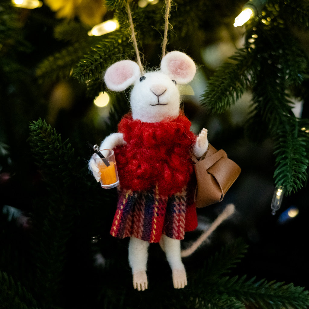 Felt Mouse with Red Scarf Plaid Skirt and Brown Purse Ornament