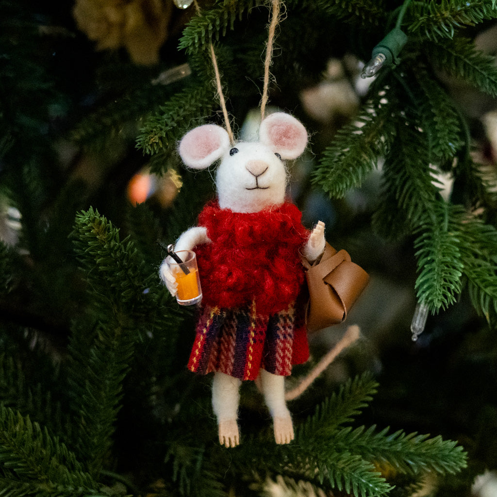 Felt Mouse with Red Scarf Plaid Skirt and Brown Purse Ornament