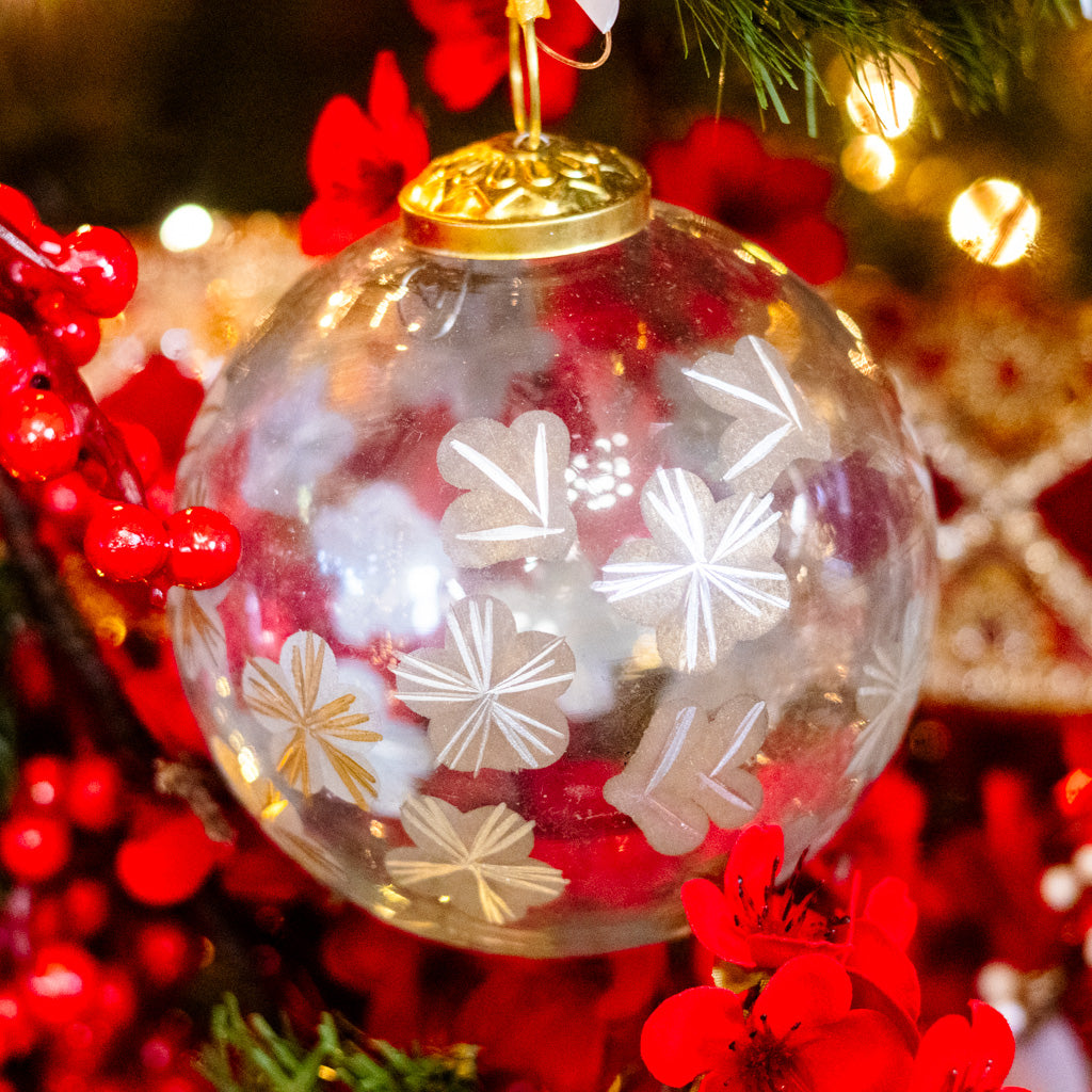 Clear Glass Gold Etched Ball with Flowers Ornament