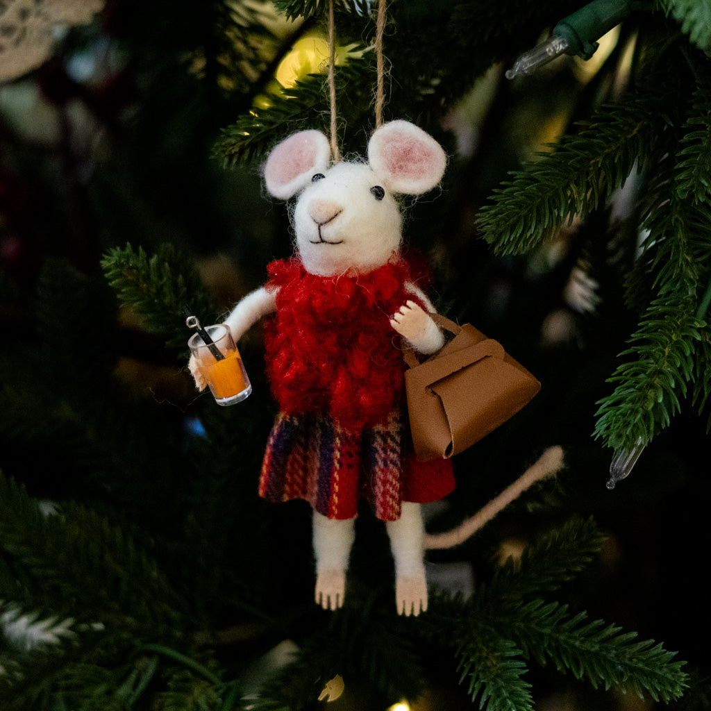 Felt Mouse with Red Scarf Plaid Skirt and Brown Purse Ornament