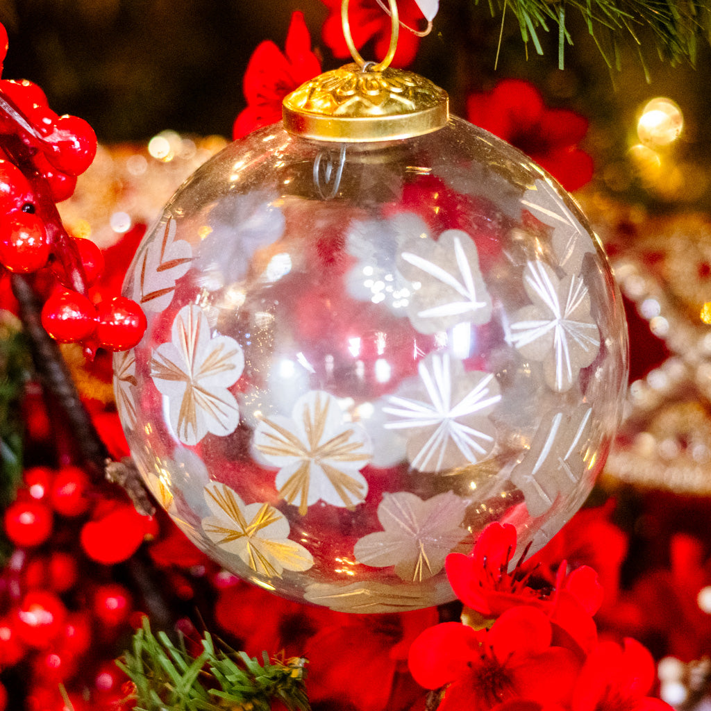 Clear Glass Gold Etched Ball with Flowers Ornament