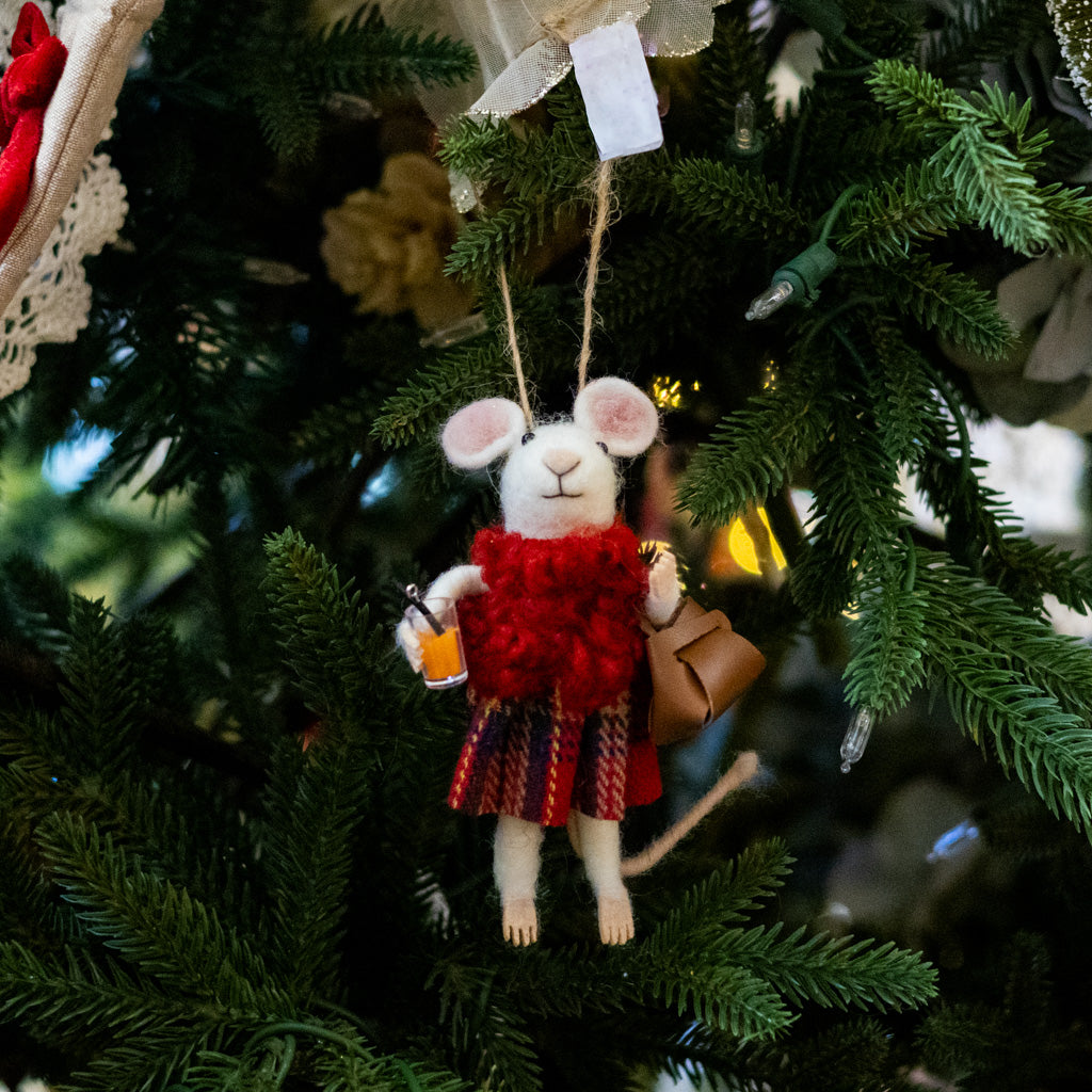 Felt Mouse with Red Scarf Plaid Skirt and Brown Purse Ornament