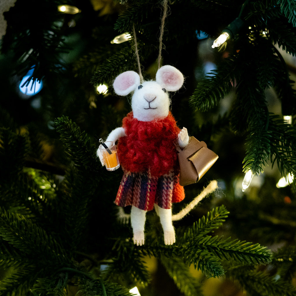 Felt Mouse with Red Scarf Plaid Skirt and Brown Purse Ornament