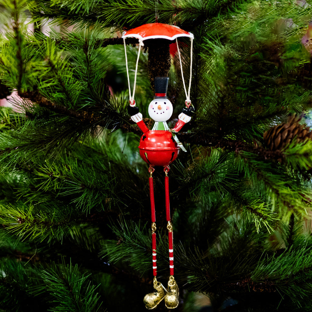 Metal Parachuting Snowman with Dangling Legs