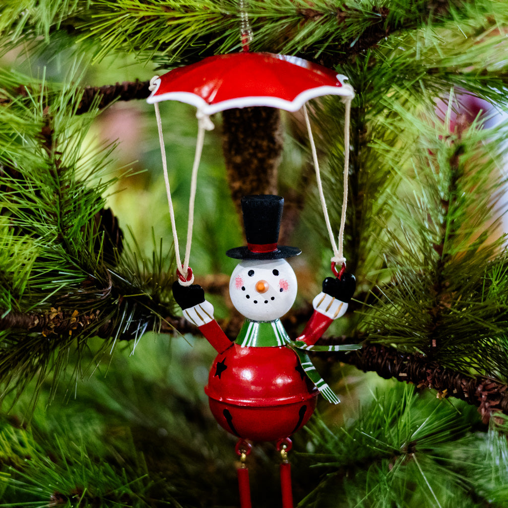 Metal Parachuting Snowman with Dangling Legs