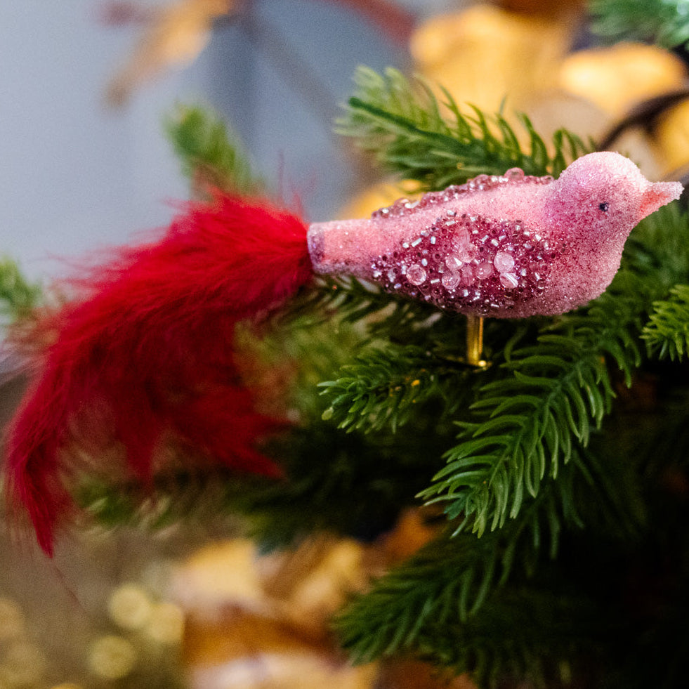 Glass Sequin Bird with Red Feather Tail