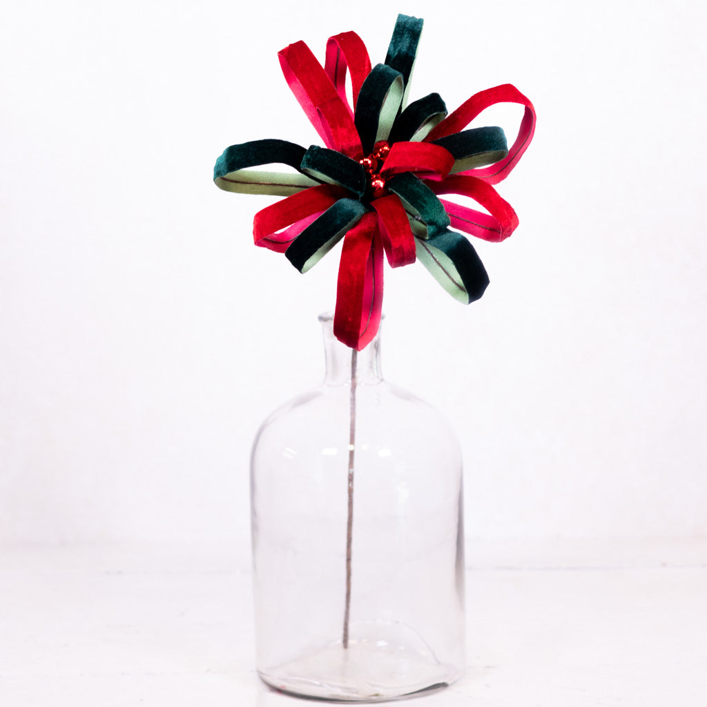 Holiday Loop Flower Velvet Red Green  Stem
