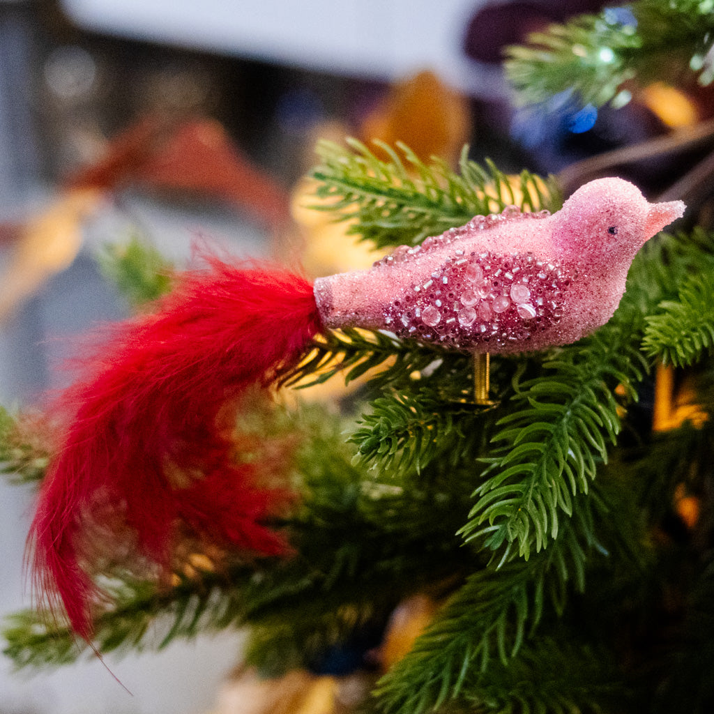 Glass Sequin Bird with Red Feather Tail
