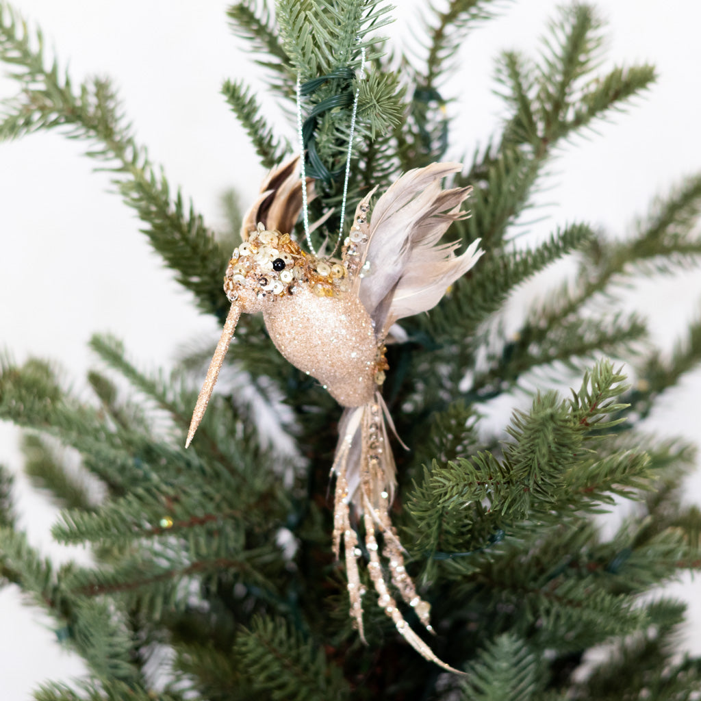 Glitter Sequin Beaded Champagne Hummingbird Ornament