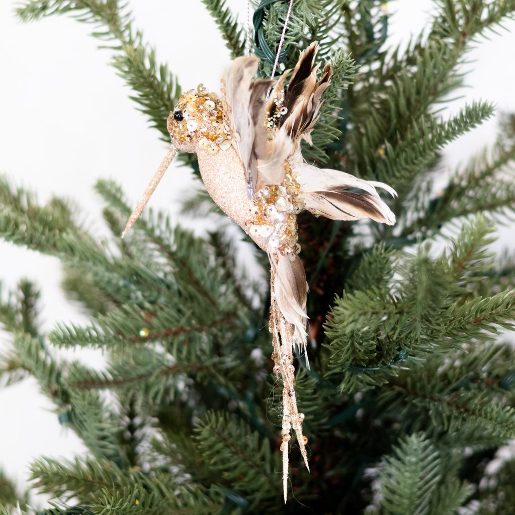 Glitter Sequin Beaded Champagne Hummingbird Ornament