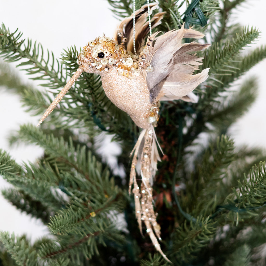Glitter Sequin Beaded Champagne Hummingbird Ornament