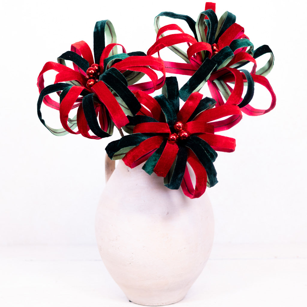 Holiday Loop Flower Velvet Red Green  Stem