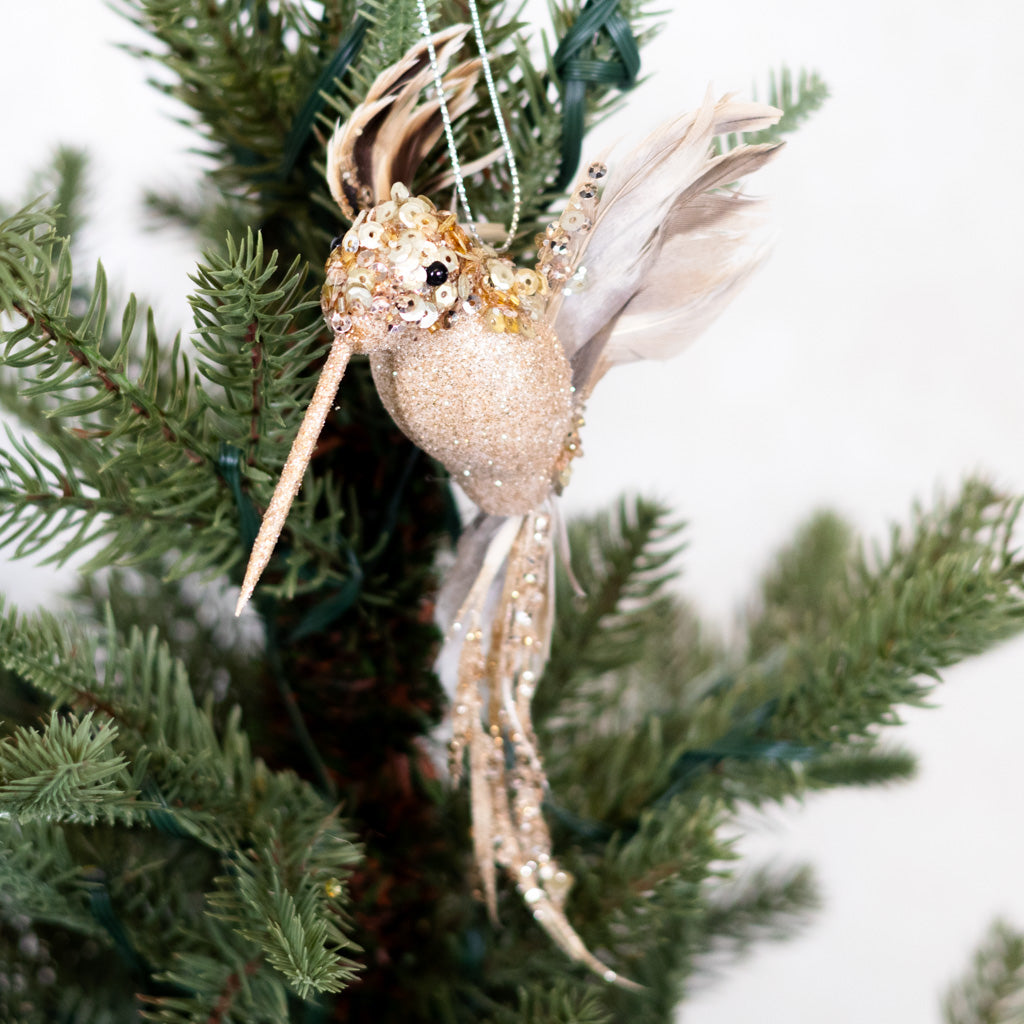 Glitter Sequin Beaded Champagne Hummingbird Ornament