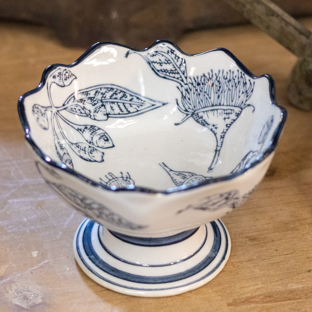 Stoneware Blue White with Botanicals Footed Bowl