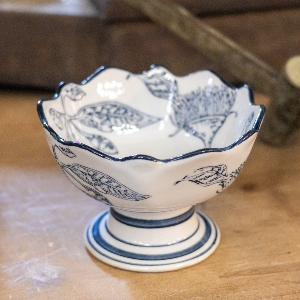 Stoneware Blue White with Botanicals Footed Bowl