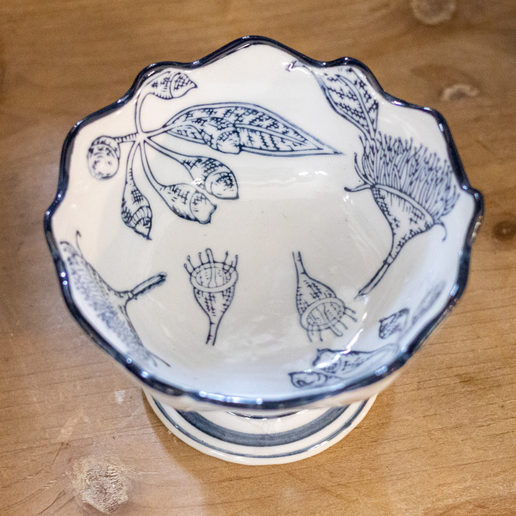 Stoneware Blue White with Botanicals Footed Bowl