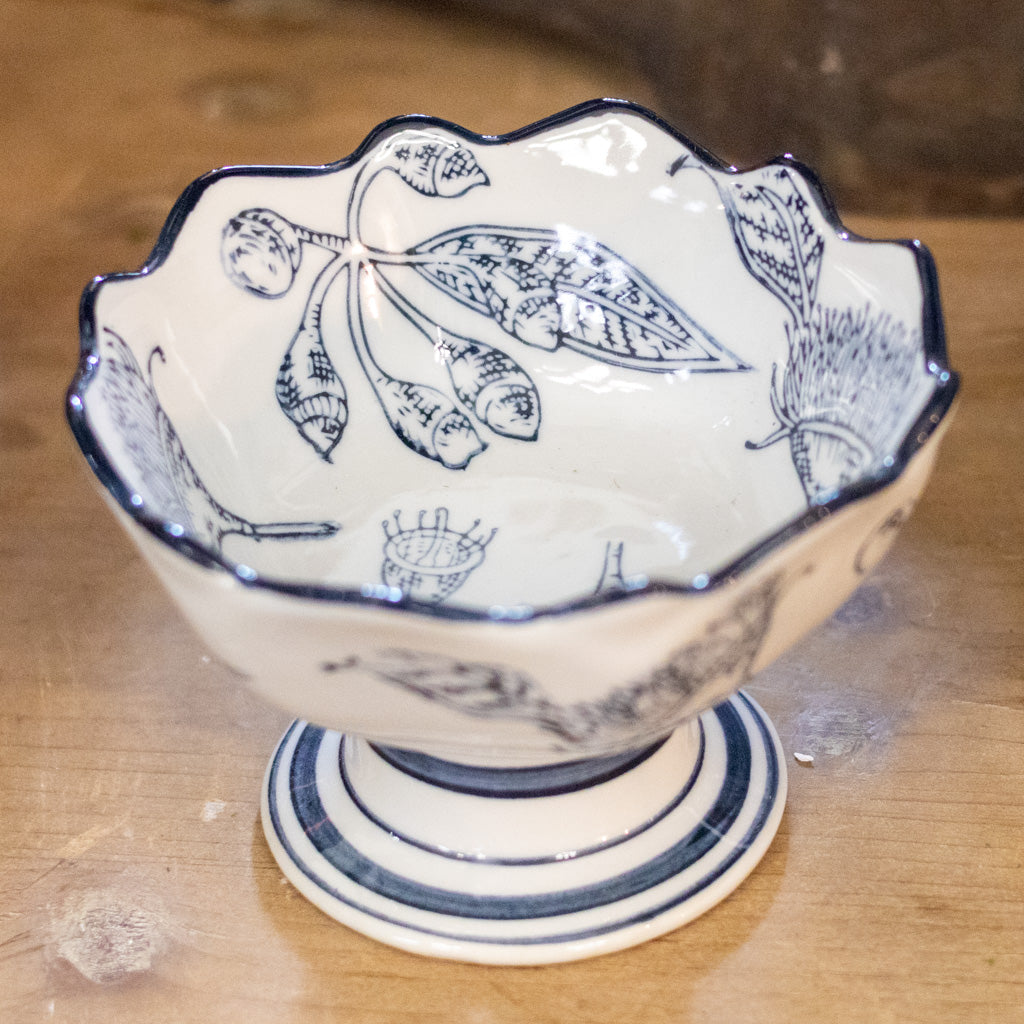 Stoneware Blue White with Botanicals Footed Bowl