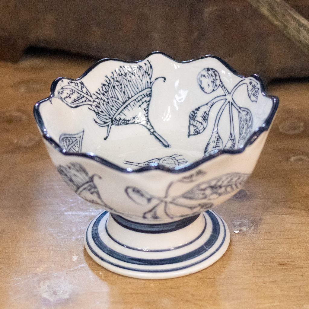 Stoneware Blue White with Botanicals Footed Bowl