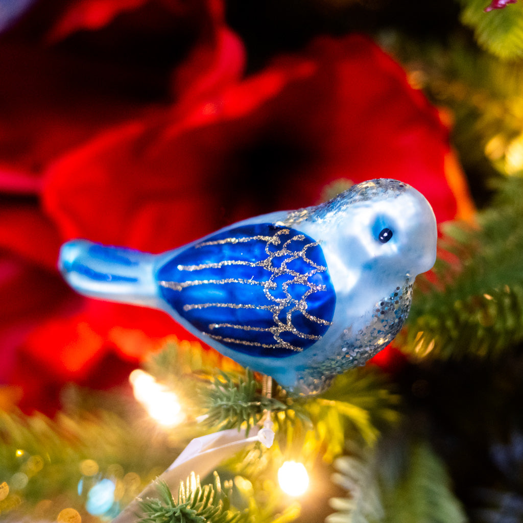 Glass Pale Blue Bird with Clip Ornament