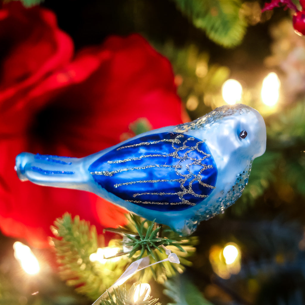Glass Pale Blue Bird with Clip Ornament