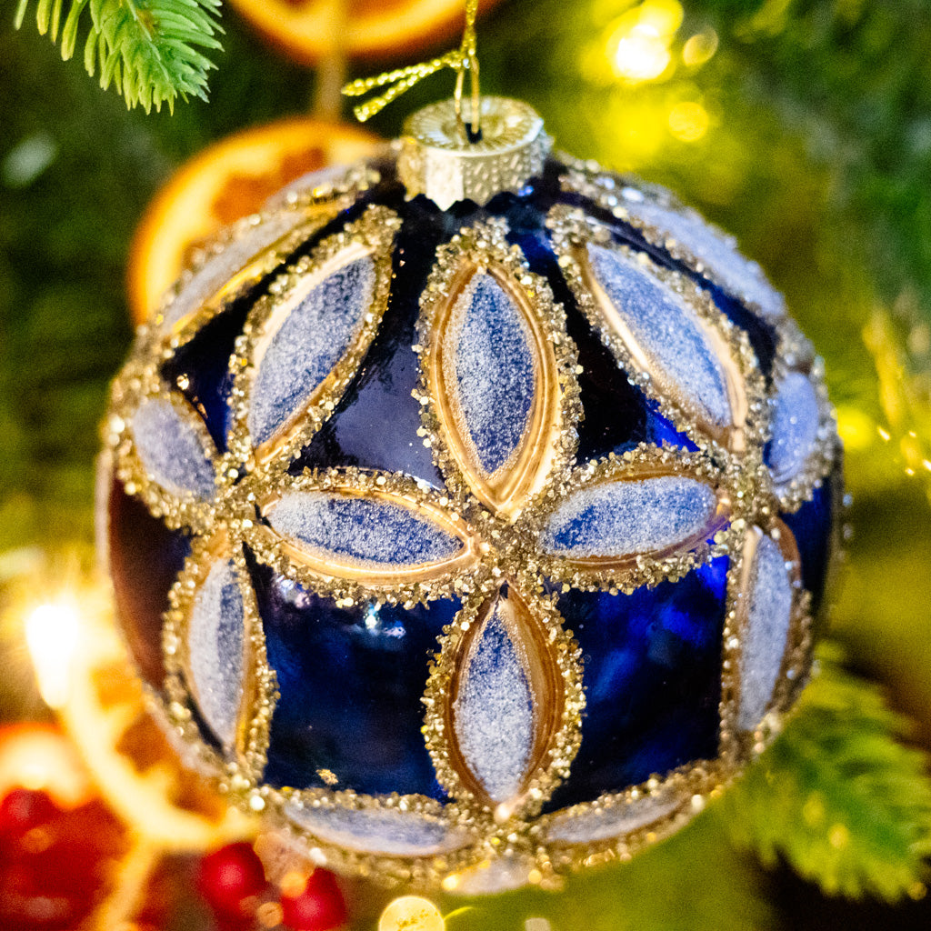 Glass Fluerette Dark Blue Ball Ornament