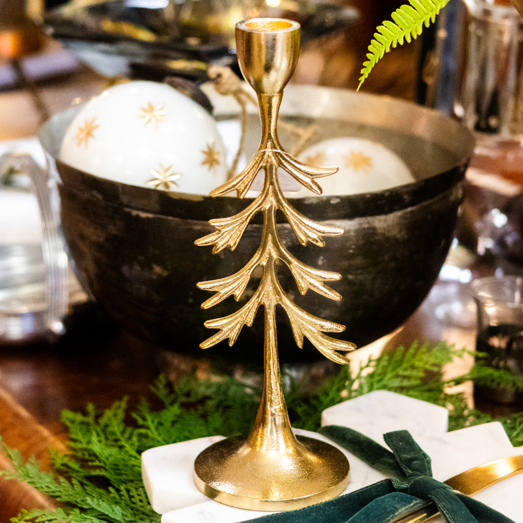 Tree Candle Holder Gold Aluminum Short