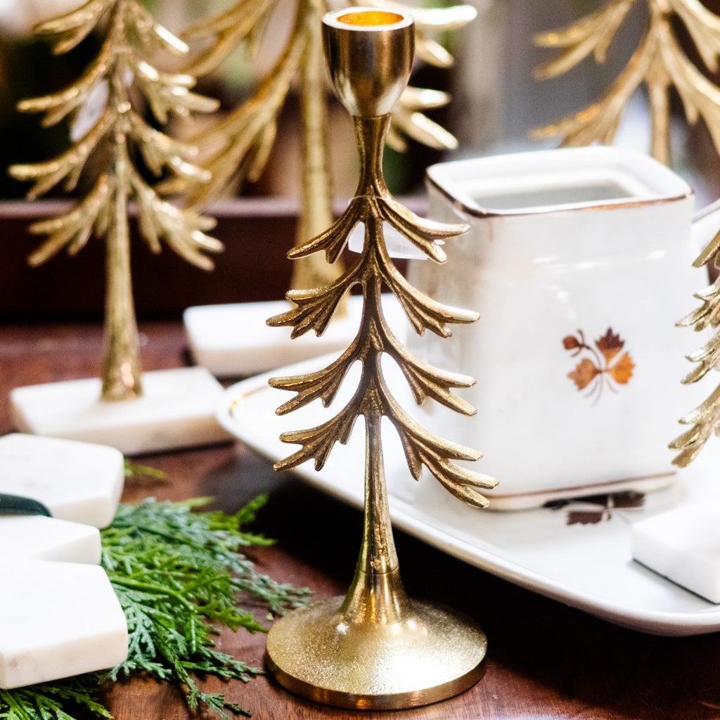 Tree Candle Holder Gold Aluminum Short