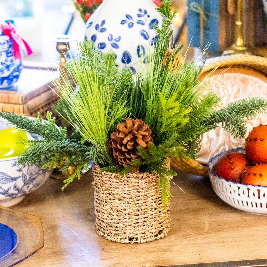 Mixed Pine with Pinecones in Woven Basket