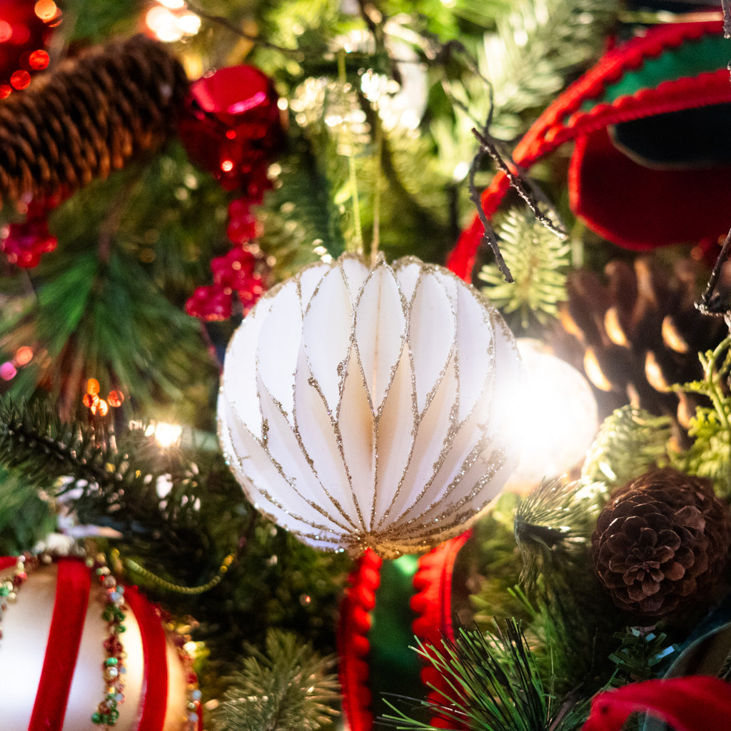 Box of Four White with Gold Glitter Round Ornaments