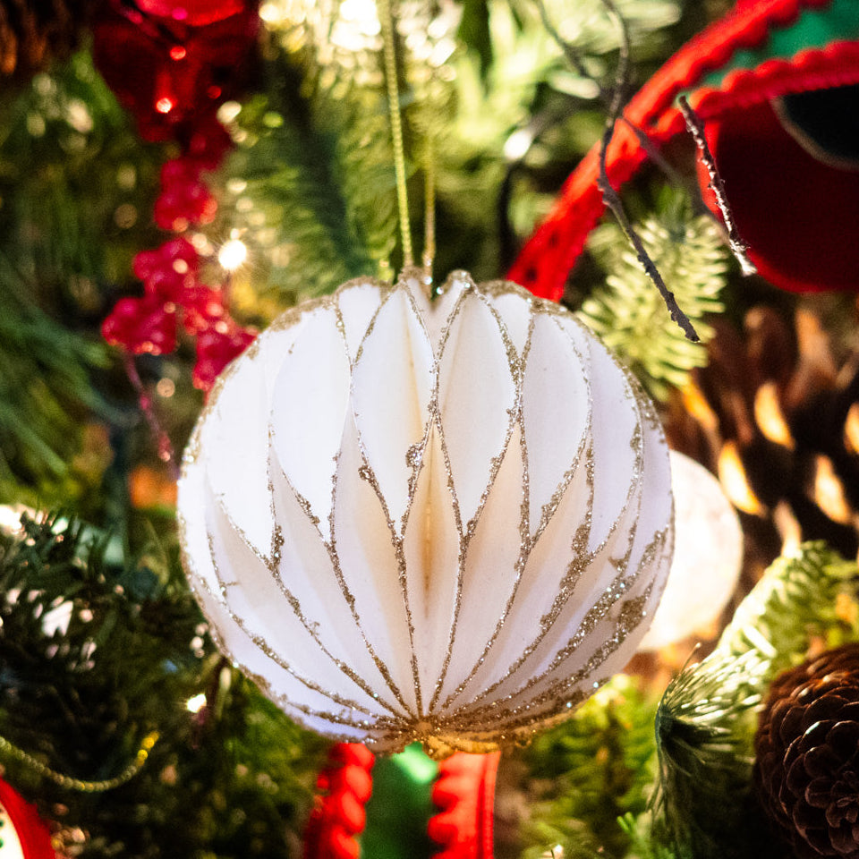 Box of Four White with Gold Glitter Round Ornaments