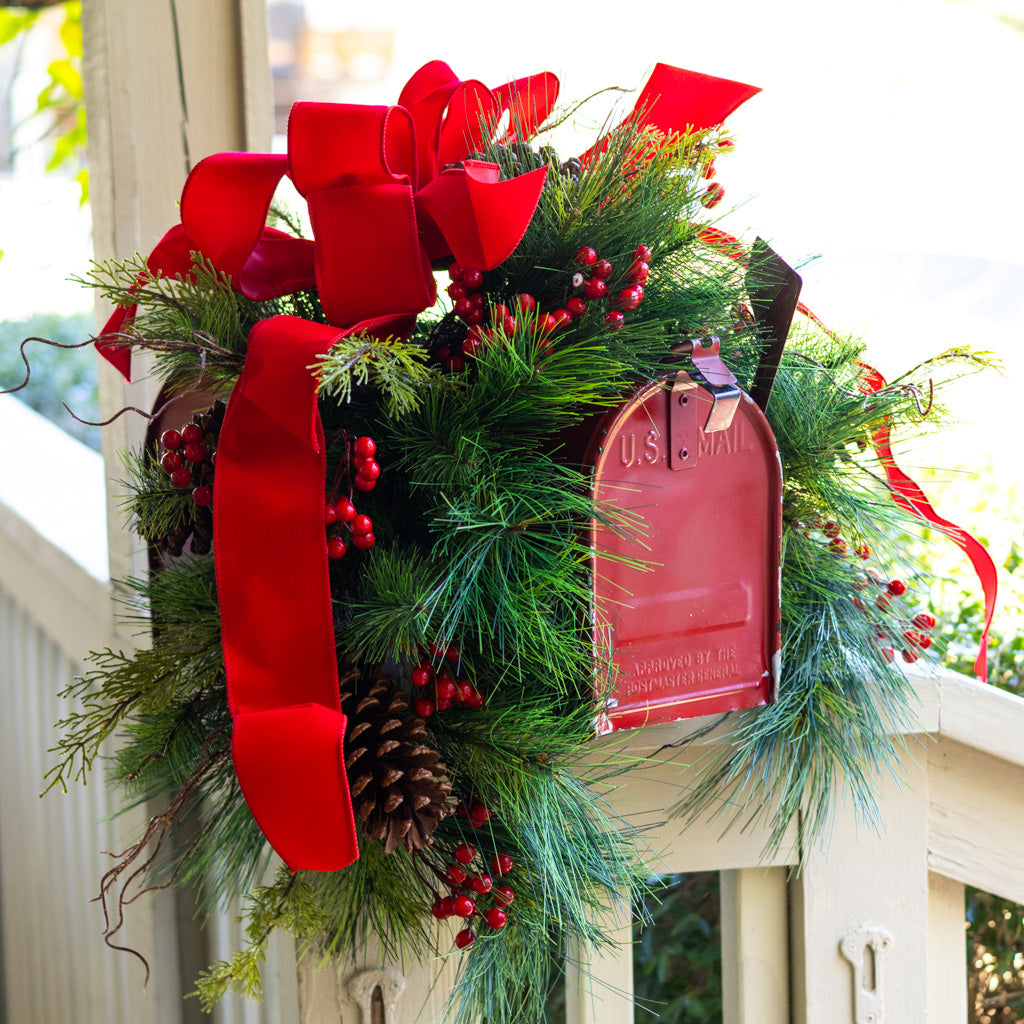 Decorated Outdoor Mailbox Swag with Berries, Pine and Red Velvet Ribbon
