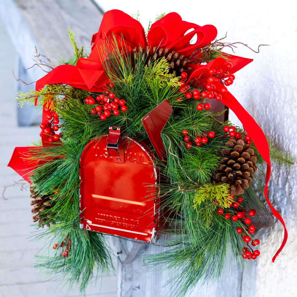 Decorated Outdoor Mailbox Swag with Berries, Pine and Red Velvet Ribbon