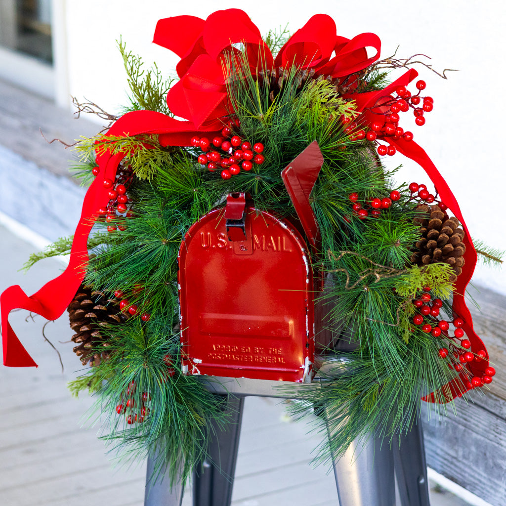 Decorated Outdoor Mailbox Swag with Berries, Pine and Red Velvet Ribbon